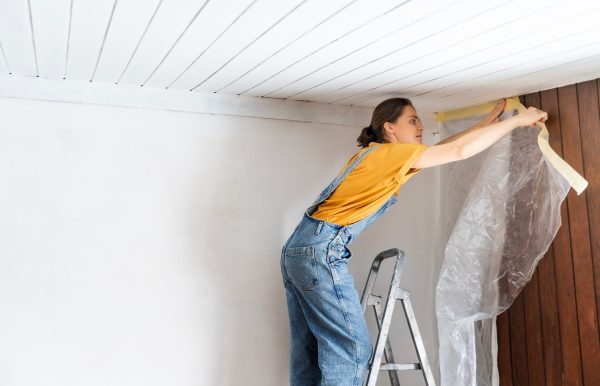 Nainen suojaa seinän muovilla ennen sisäkaton maalausta.