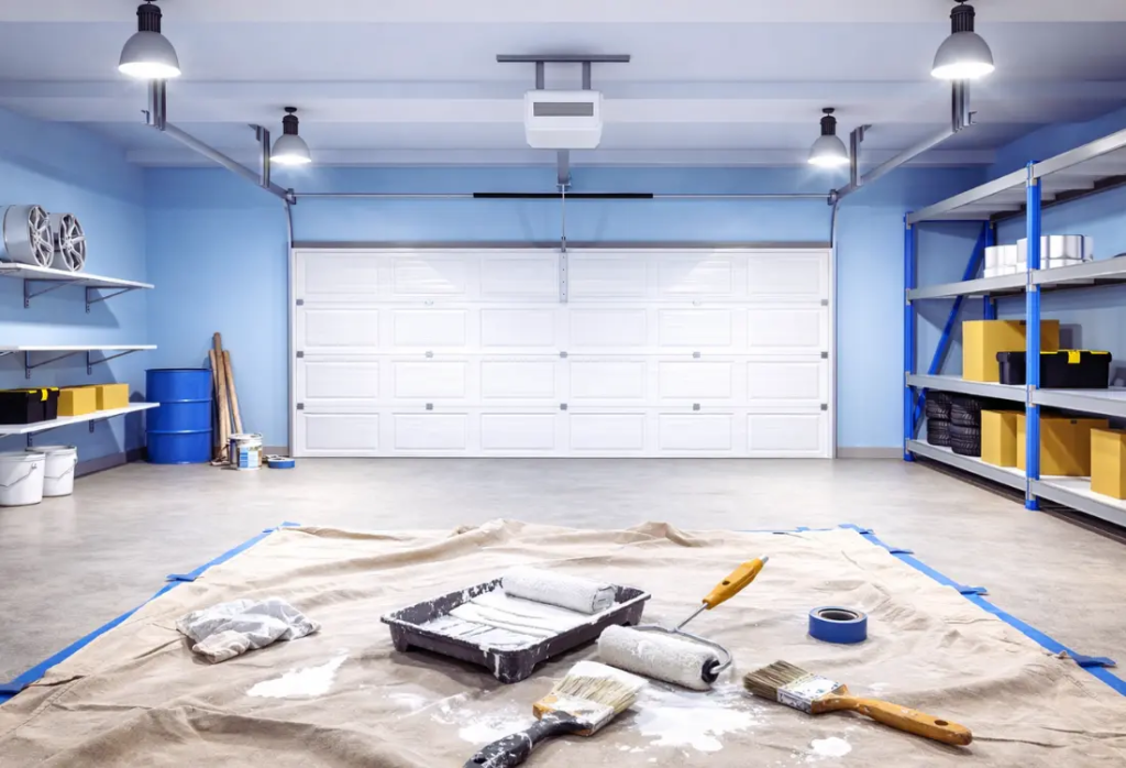 Autotallin maalaus käynnissä lämpimässä autotallissa, jossa seinien maalaus telalla etenee huolellisesti. Autotalli maali levittyy tasaisesti puhtaille seinille osana autotallin remonttia ja autotallin sisustamista, kuten voit esimerkiksi nähdä tässä.